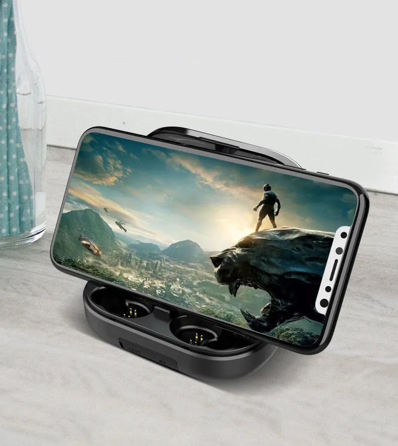 Wireless Bluetooth headset earbuds in black with battery display and stereo sound