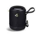 Waterproof portable bluetooth speaker in black with carry strap showing control buttons