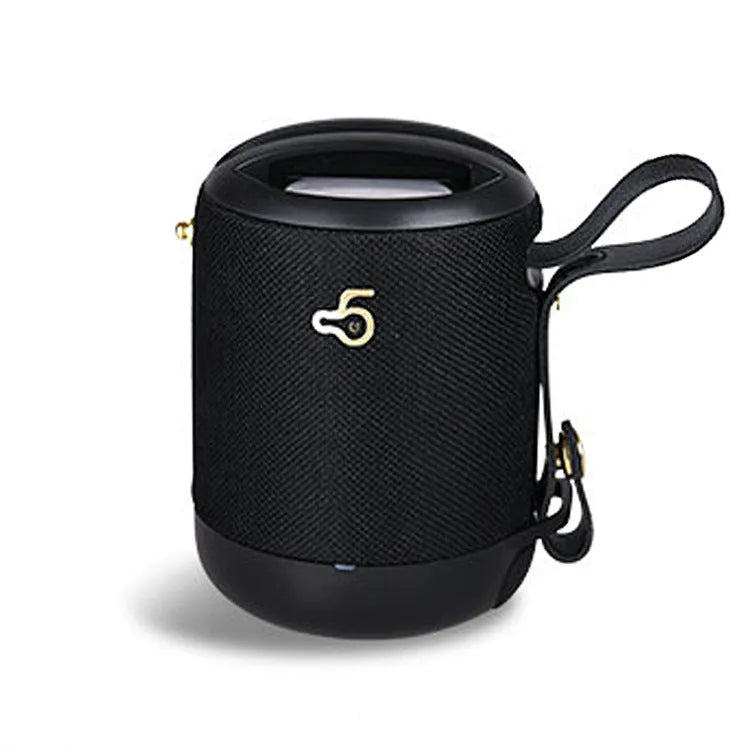 Waterproof portable bluetooth speaker in black with carry strap showing control buttons