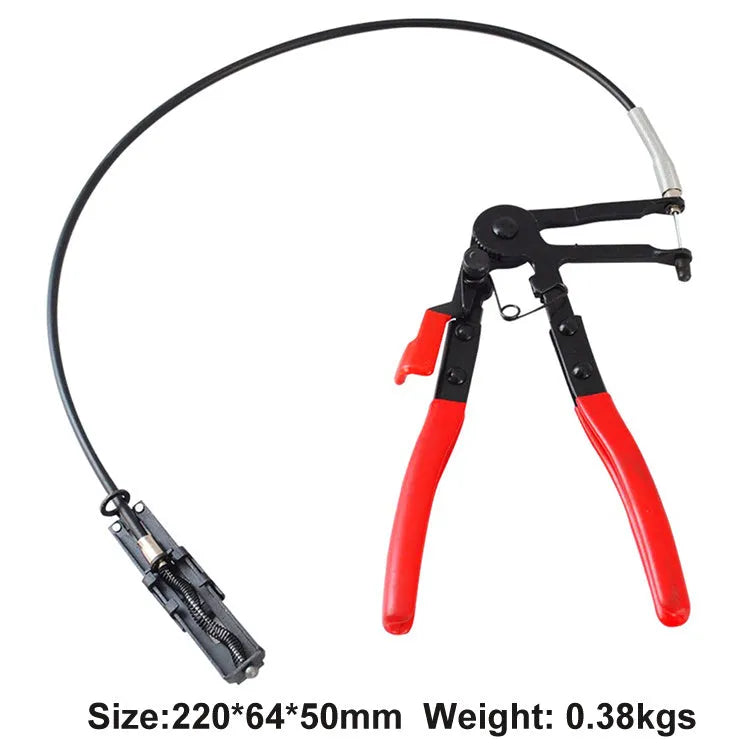 Red carbon steel flexible hose wire clamp measuring 390 by 190 by 35 millimetres on a white background