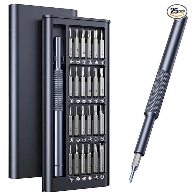 25-in-one magnetic screwdriver set with chrome vanadium steel bits and black ABS handle measuring 110mm