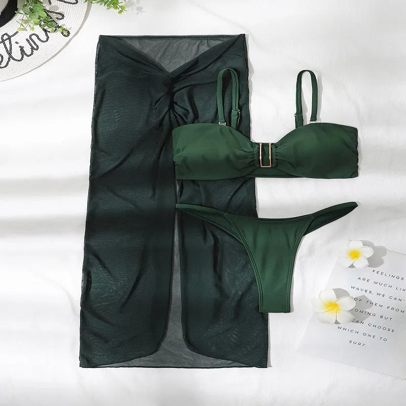 French-style multicolour bikini three-piece set with long culottes construction