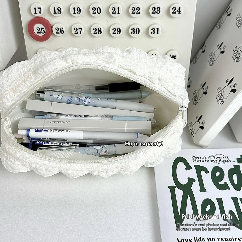 Cream puff design polyester pencil case in beige or black colour for stationery organisation