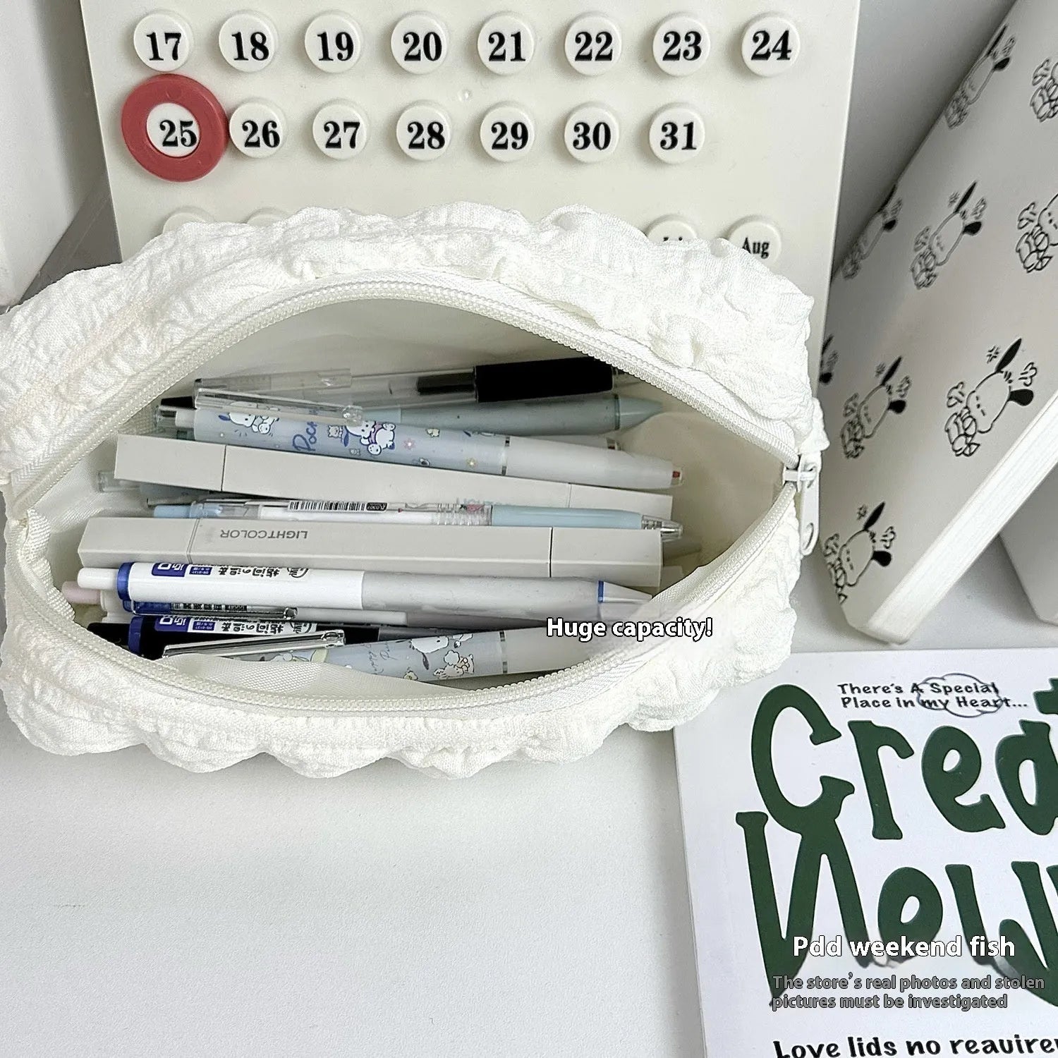 Cream puff design polyester pencil case in beige or black colour for stationery organisation