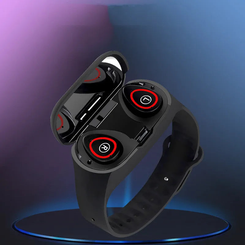 Smart bracelet and earphone combo with 1-inch touchscreen and silicone wristband in black, blue, or red colours