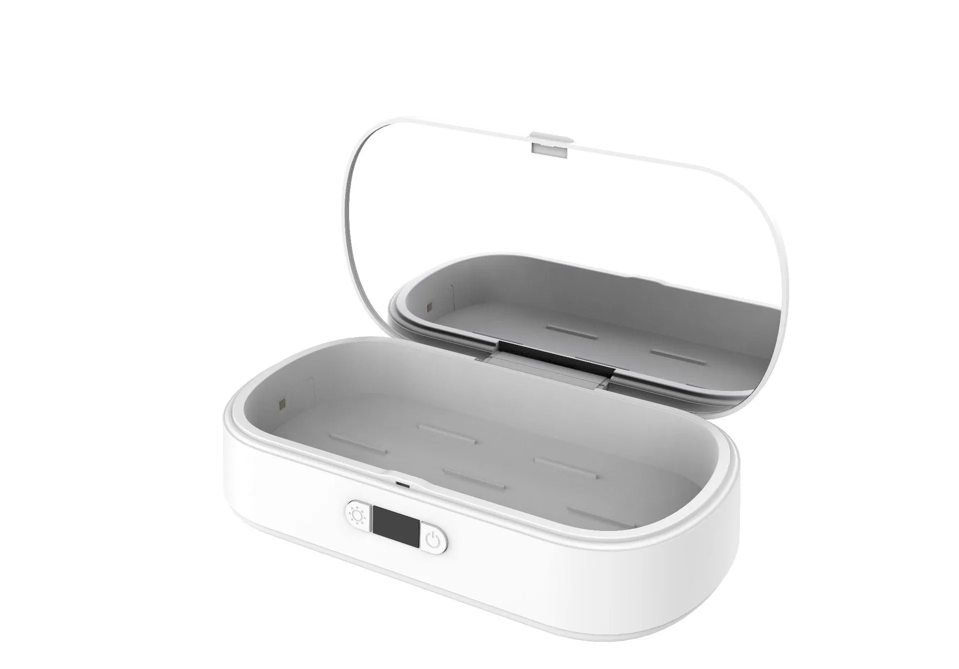 White portable UV sterilisation box with wireless charging for phones and jewellery disinfection