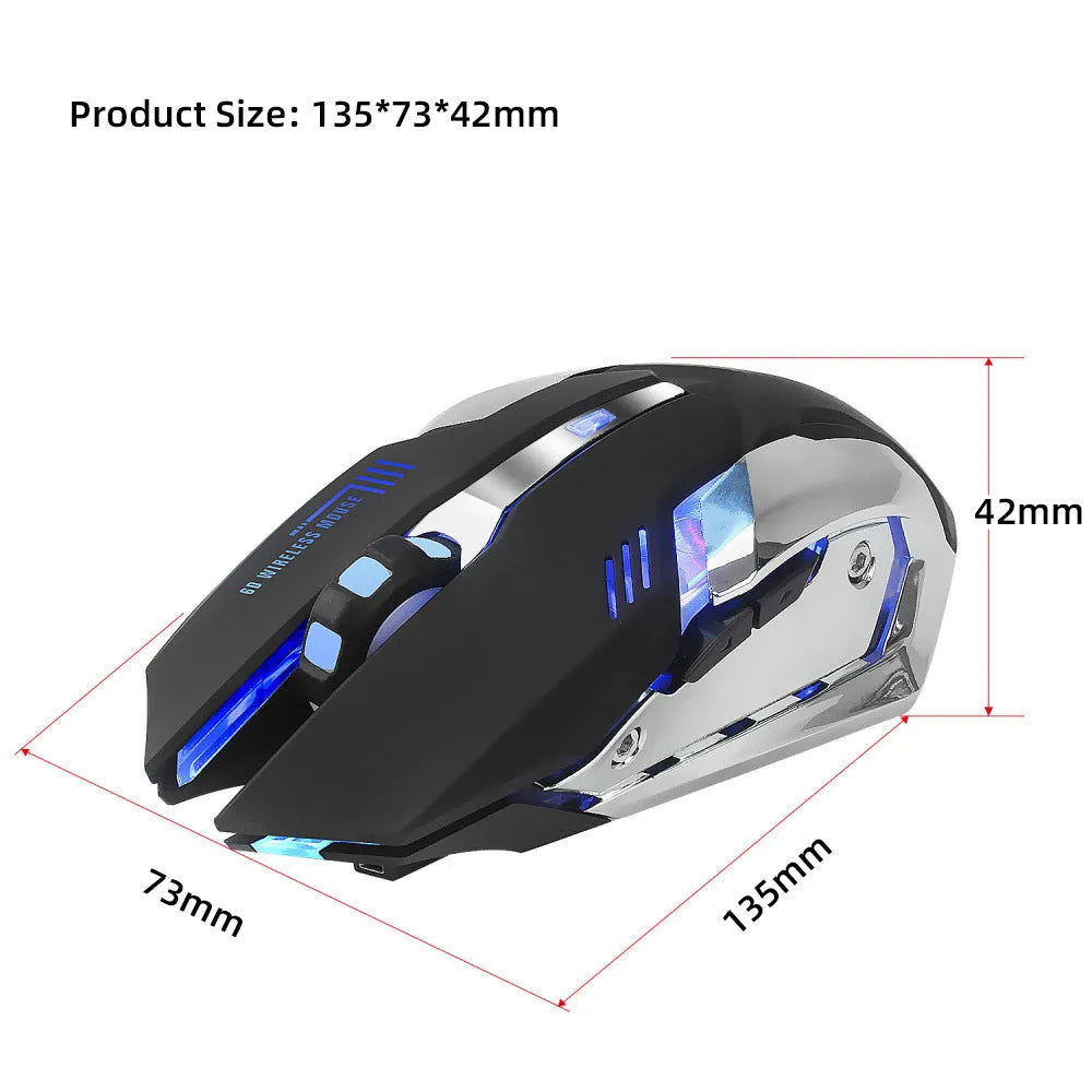 HXSJ black wireless gaming mouse with 2400 DPI, six buttons, four-way roller, 2.4GHz USB connection, and 10m range