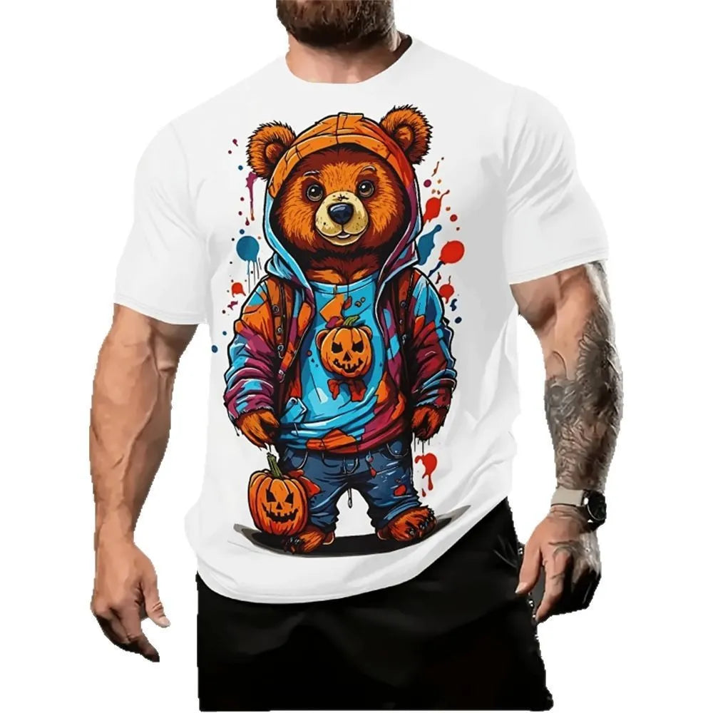 Men's loose fit cartoon print t-shirt in milk silk blend fabric showing 3D design detail