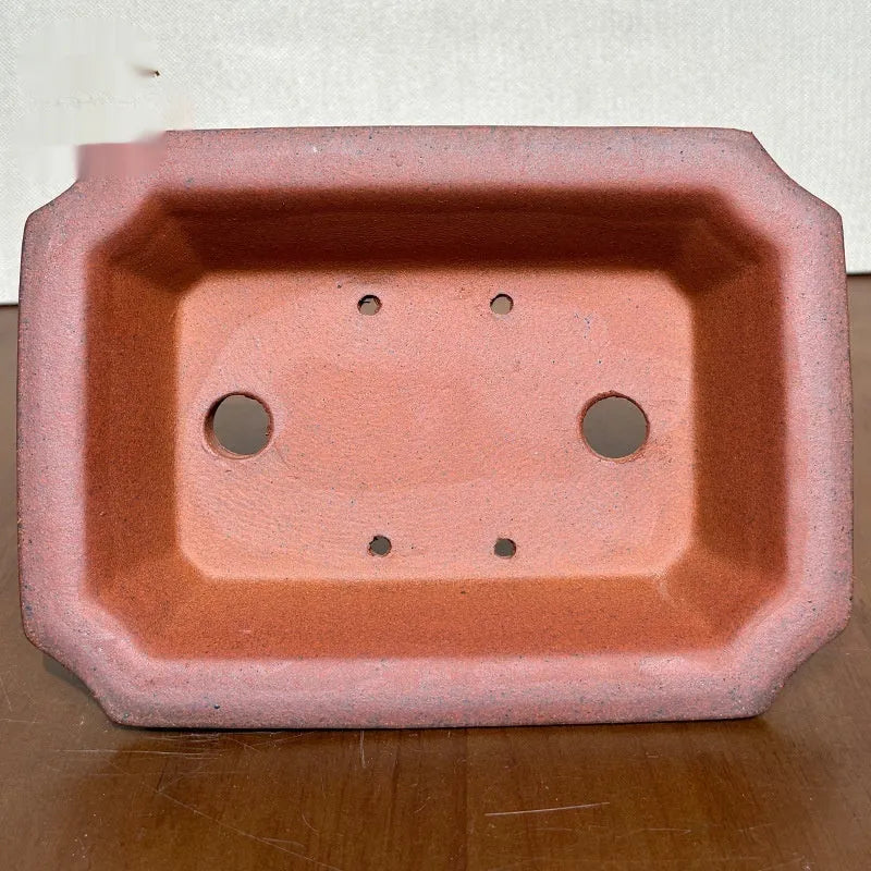 Light brown stoneware rectangular bonsai flowerpot, 17cm bottom diameter, high temperature fired