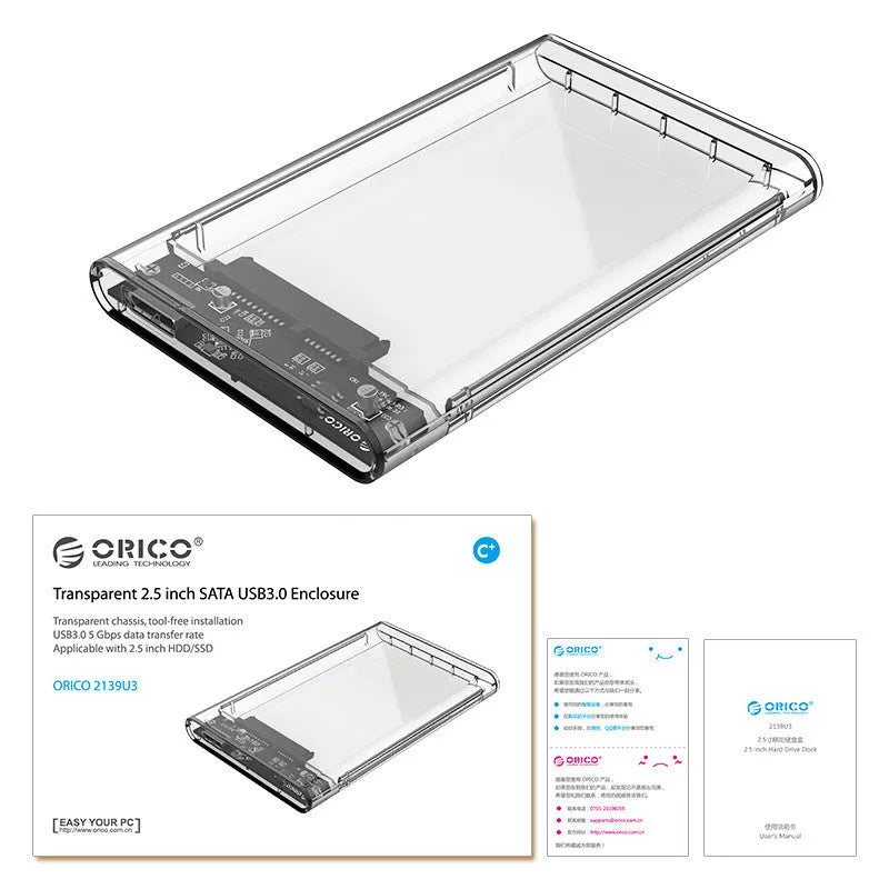ORICO 2139U3 transparent 2.5-inch HDD enclosure, USB 3.0, 124.5 x 79 x 13mm, blue LED