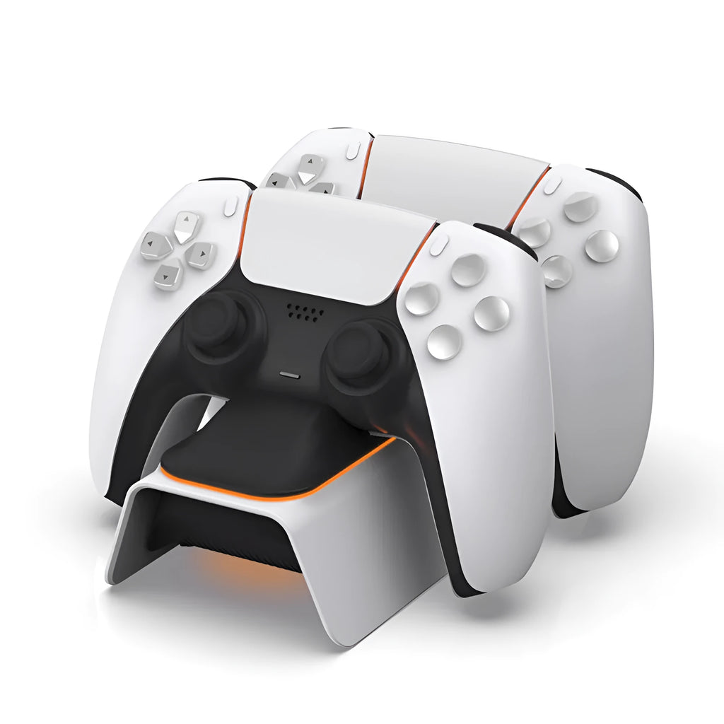 White PS5 dual controller charger for two DualSense gamepads with US or universal plug