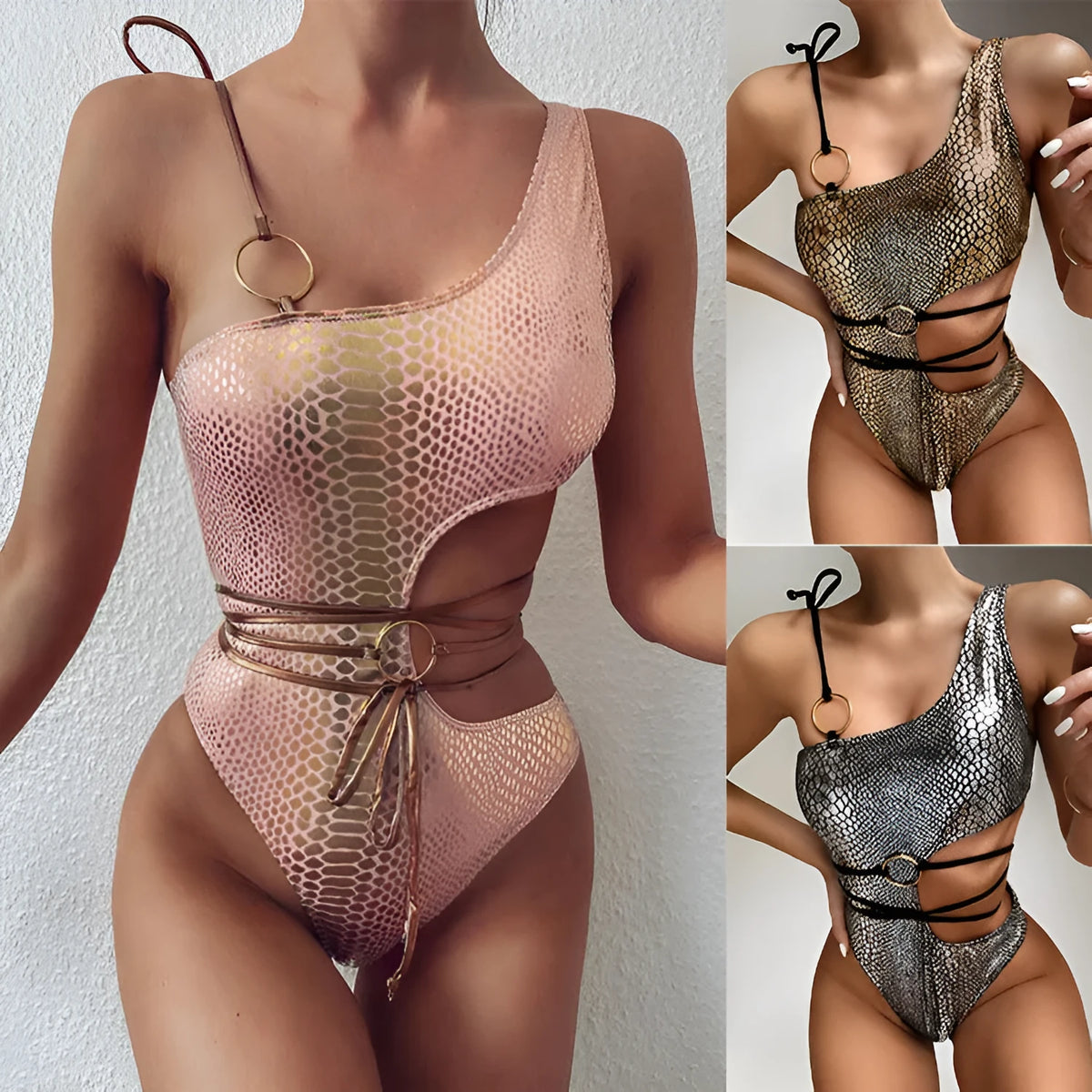 One-shoulder snake bikini top in gold colour with nylon fabric and chest pad