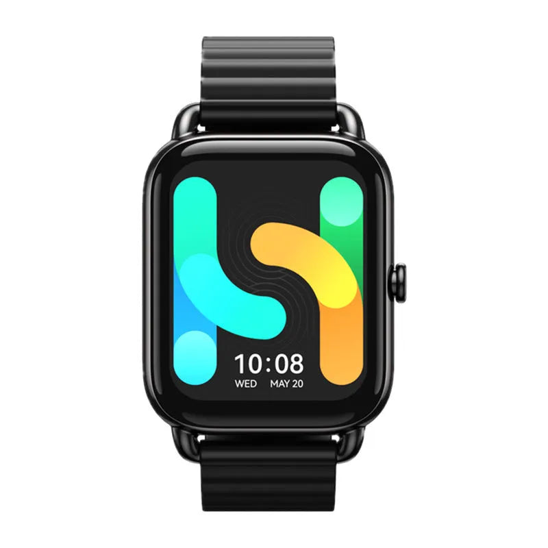 HAYLOU LS11 black smartwatch with AMOLED screen displaying fitness stats on a wrist.
