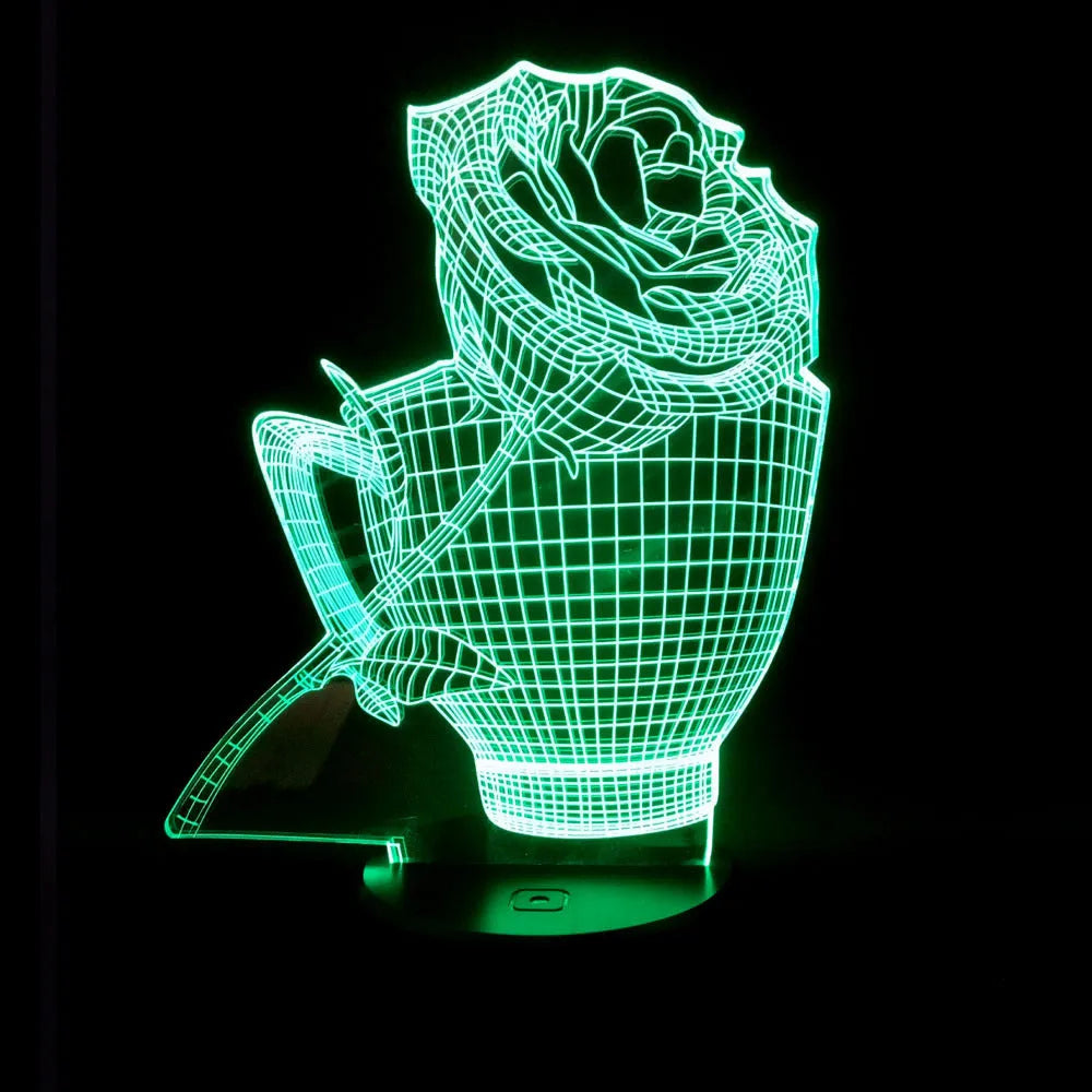 3D rose flower night light with acrylic panel and ABS base showing colour options