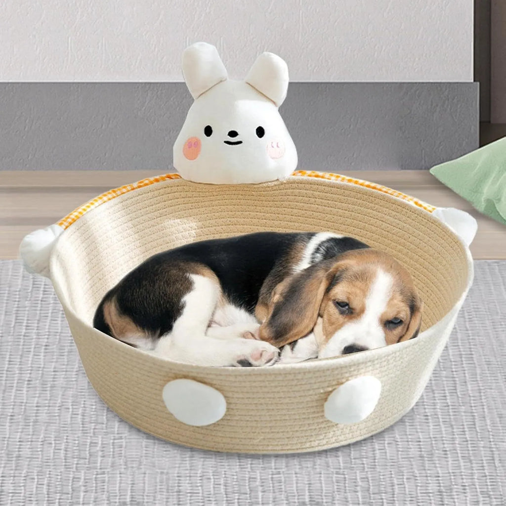 Woven cotton rope cat bed and scratching post in bear design, showing basket shape.
