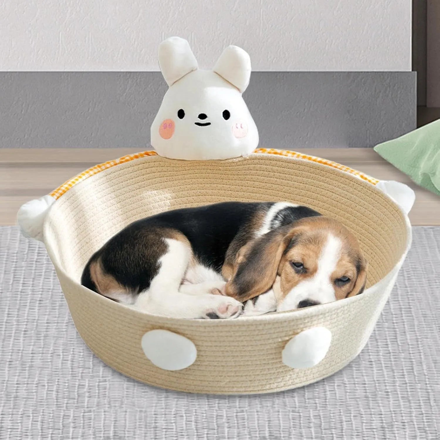 Woven cotton rope cat bed and scratching post in bear design, showing basket shape.