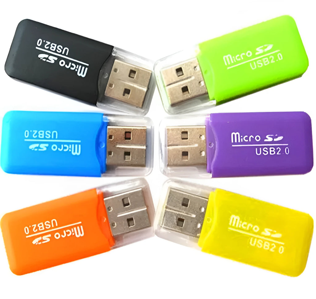 Mini USB card reader with integrated microSD (TF) card adapter for data transfer.