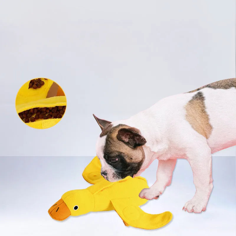 Yellow plush teddy dog toy with squeaker duck sound and treat holes