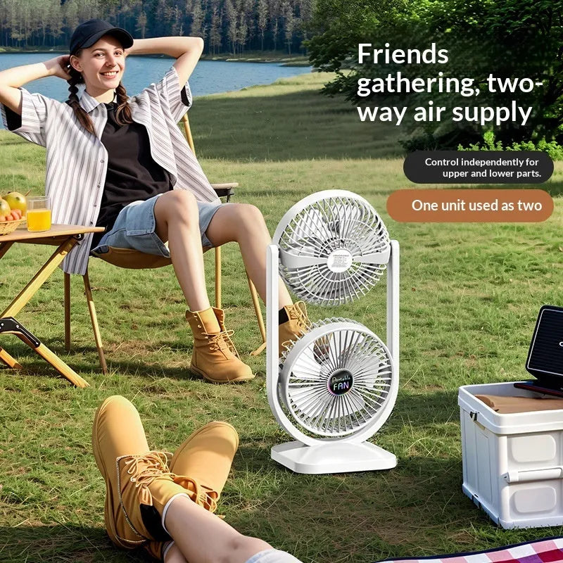 Double-layer electric fan with dual head USB rechargeable brushless motor in white, 19.8x15.6x39.3cm