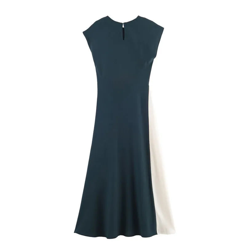 Women's simple stitching midi skirt dress in cotton with plaid pattern and asymmetric hem