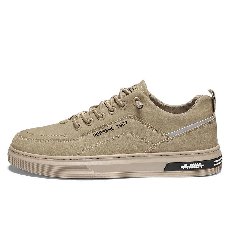 Men's waterproof casual shoes in khaki with round toe, flat rubber sole, and sewing thread detail