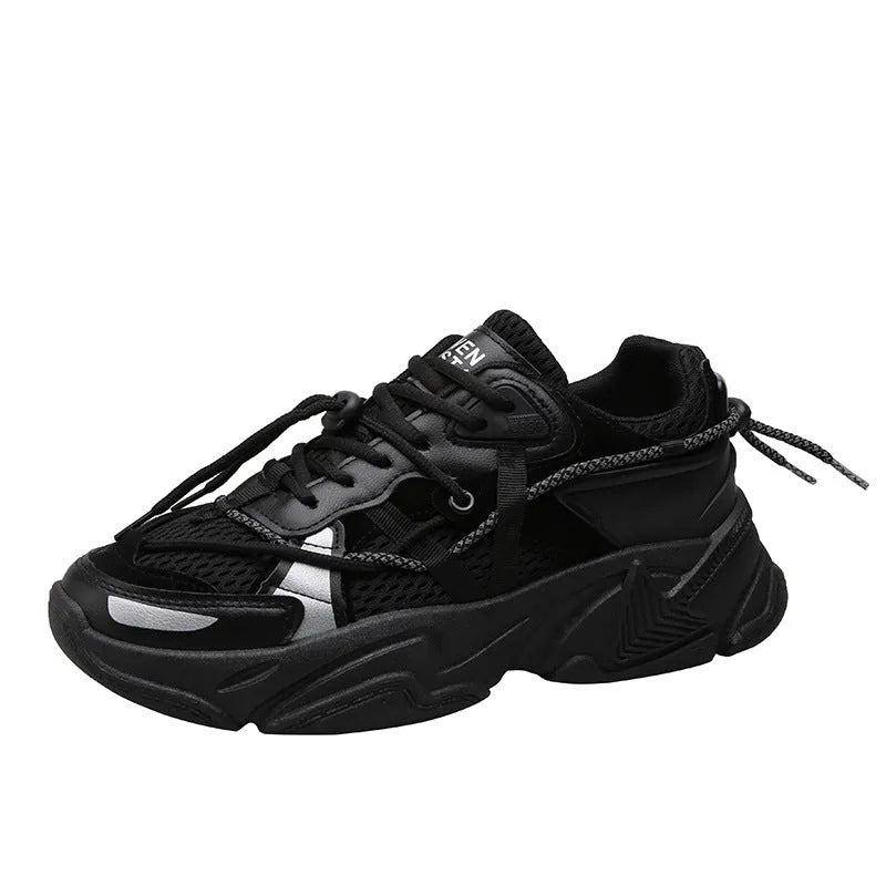 Men's white Korean style platform dad shoes with front lace-up and chunky sole on a plain background.