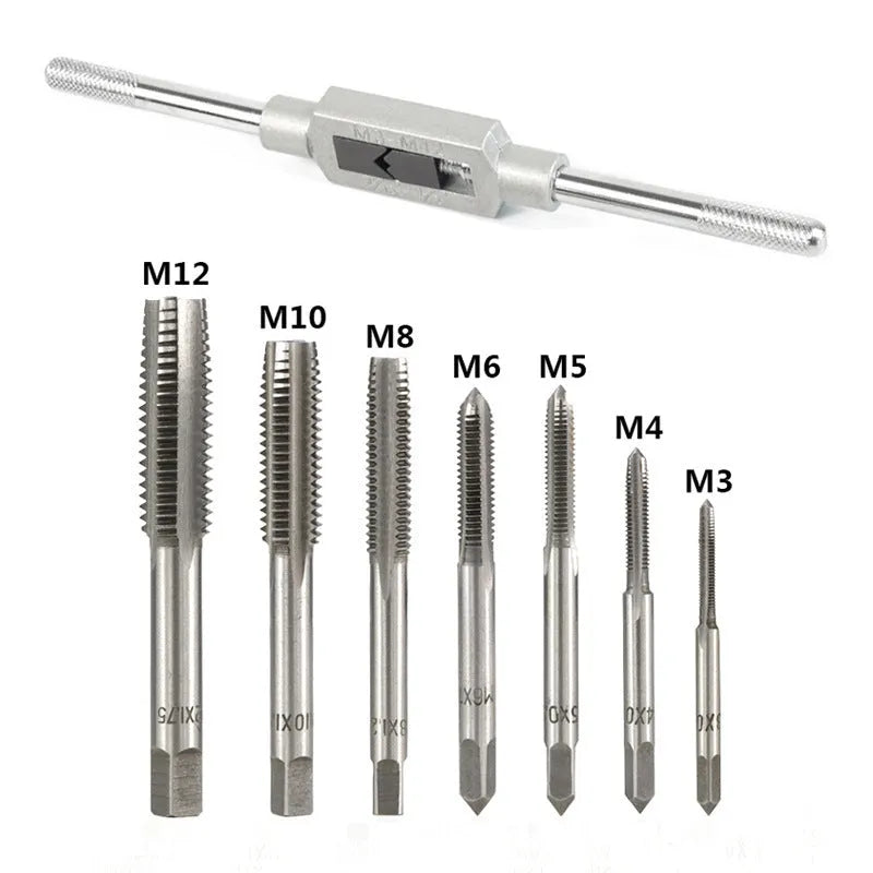 8-piece metric hand tap set M3 to M12 with holder and hinge in storage case