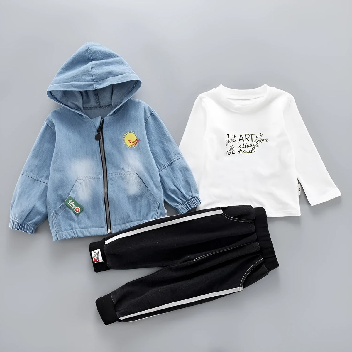 Denim three-piece children's cotton suit with zipper shirt top, coat, and pants for 80-110cm heights