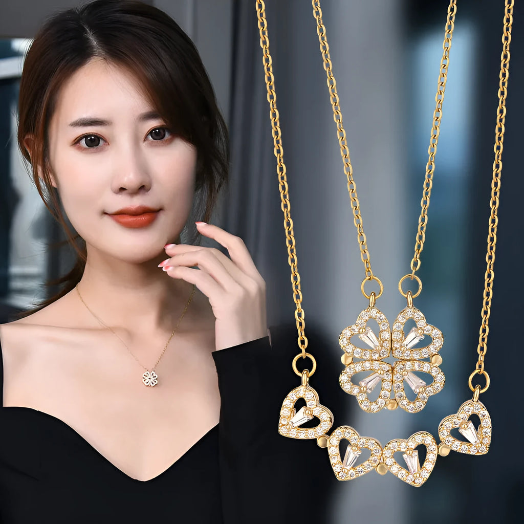 Four-leaf clover titanium steel necklace with diamond inlay pendant, gold finish, 42+6cm chain on light background