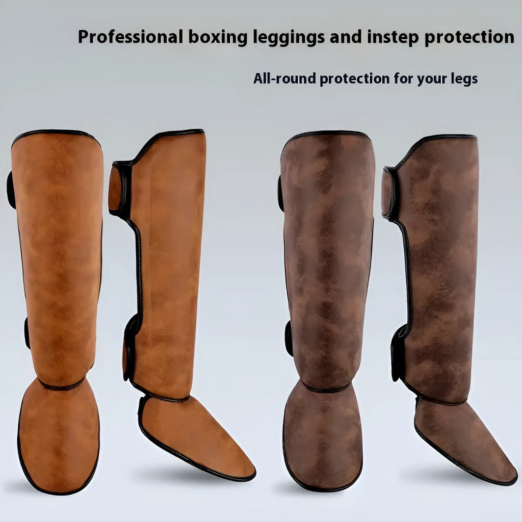 PU vertical thickened fighting boxing shin guards in brown colour on training mat