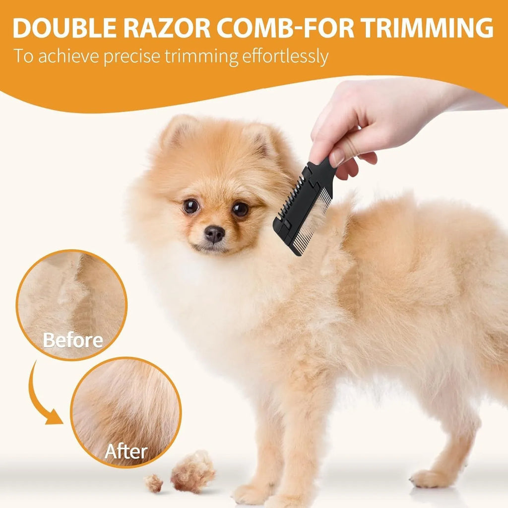 A 2-in-1 pet grooming comb with a built-in trimming blade and replacement blades, shown next to a small dog.