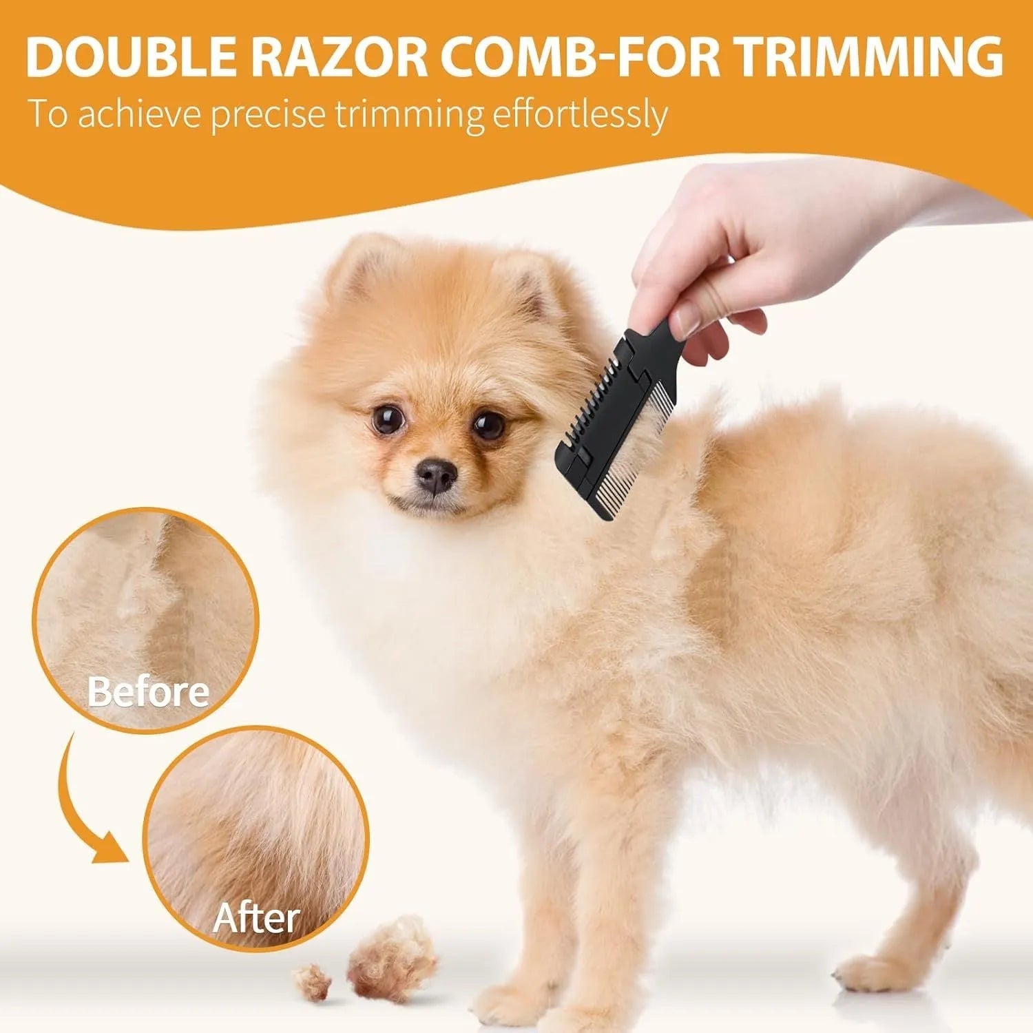 A 2-in-1 pet grooming comb with a built-in trimming blade and replacement blades, shown next to a small dog.