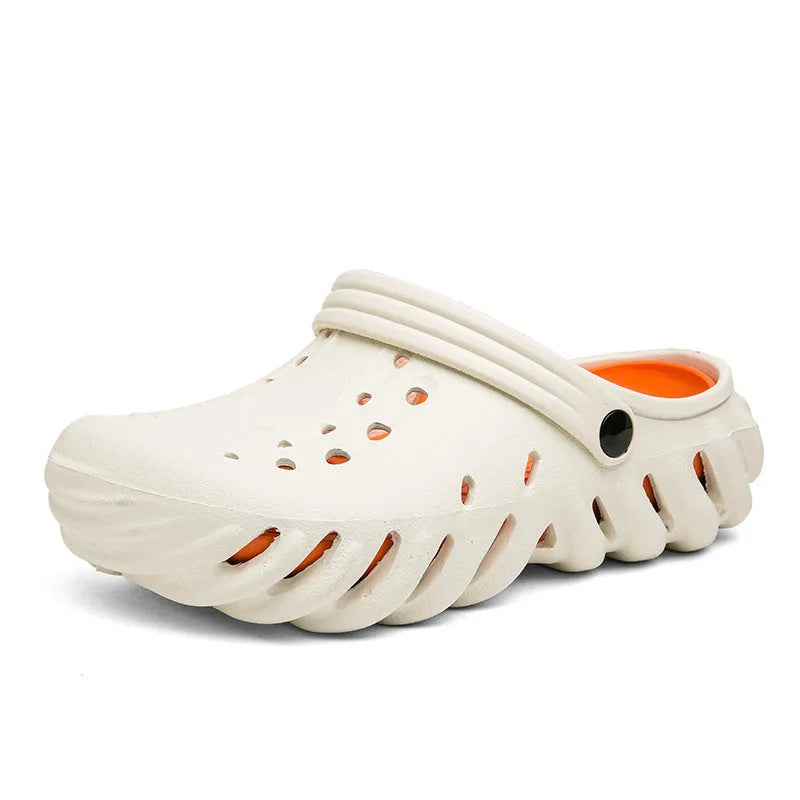Men's beige EVA slipper sandals with a hole-patterned upper and non-slip sole.