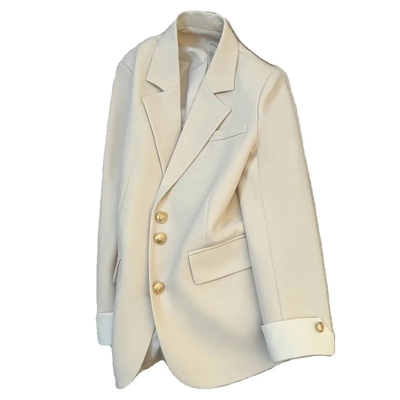 Korean-style women's coat in loose fit with pockets, available in Milky White or Black