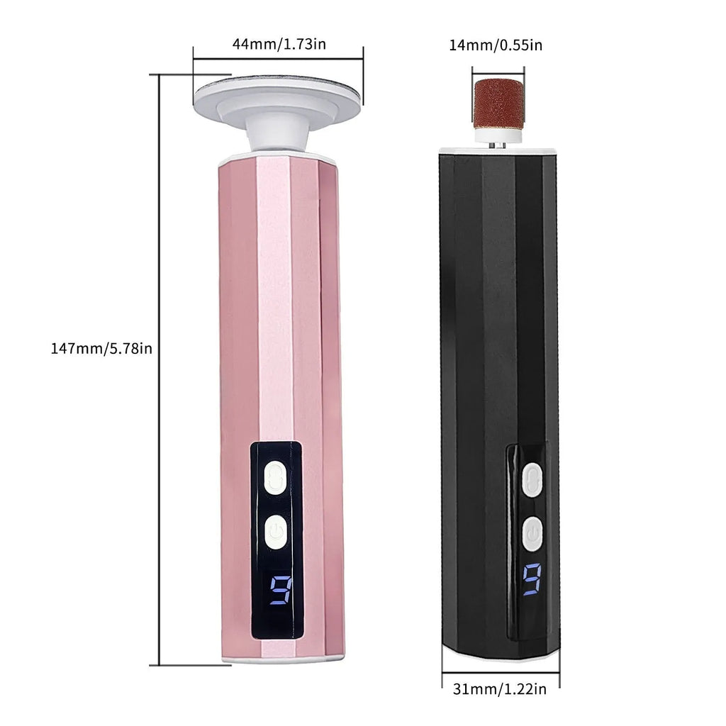 Pink USB-powered callus trimmer and manicure equipment with sandpaper grinding wheels on a white background.