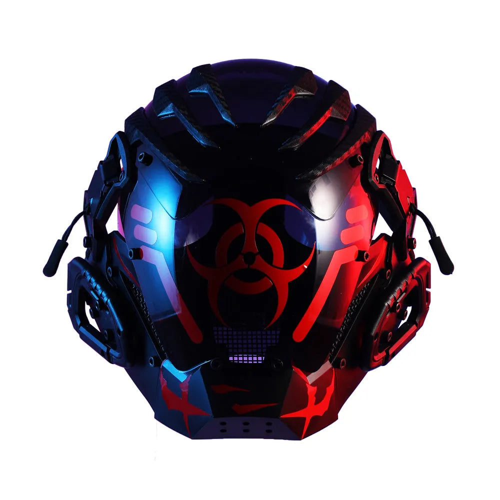 Black full face mask prop with bioweapon tech design and mechanical helmet styling for costume events