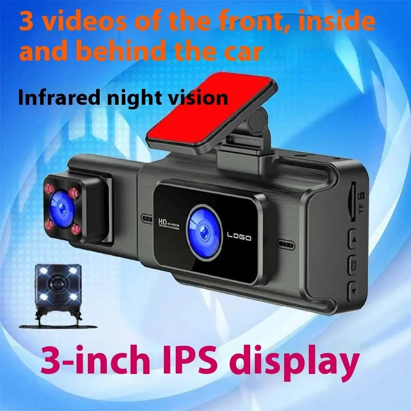Black 3 lens video driving recorder with 3.0 inch screen, 170° shooting angle, front windshield mount, car power