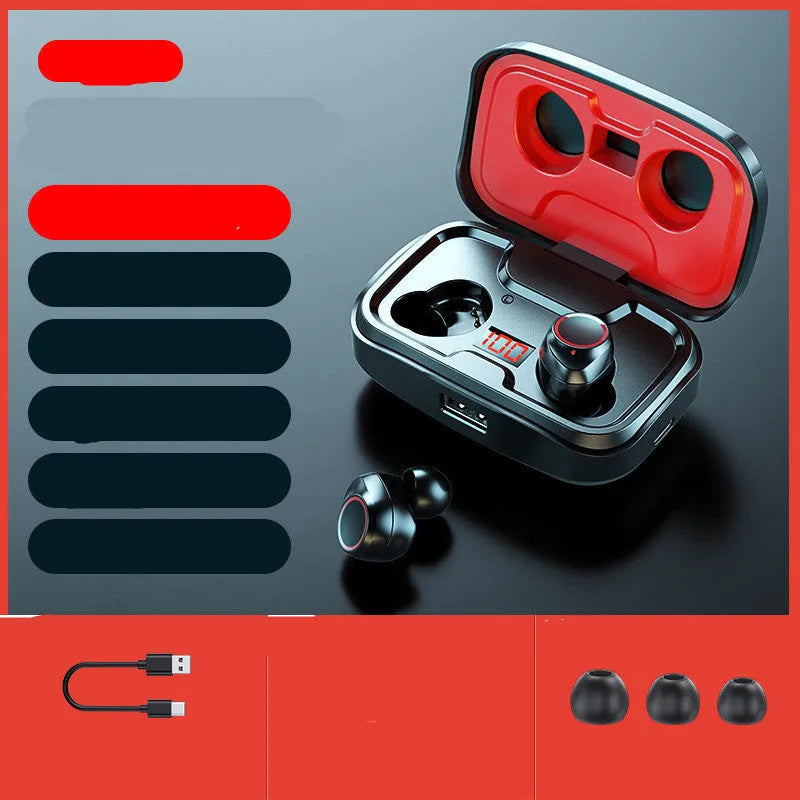 Black wireless Bluetooth in-ear earphones with private mould design showing earpieces and charging case.