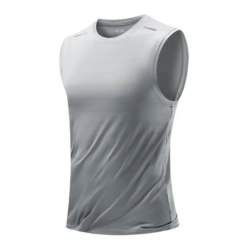 Men's loose-fit sleeveless waistcoat vest in a solid colour, showing straight hem design.