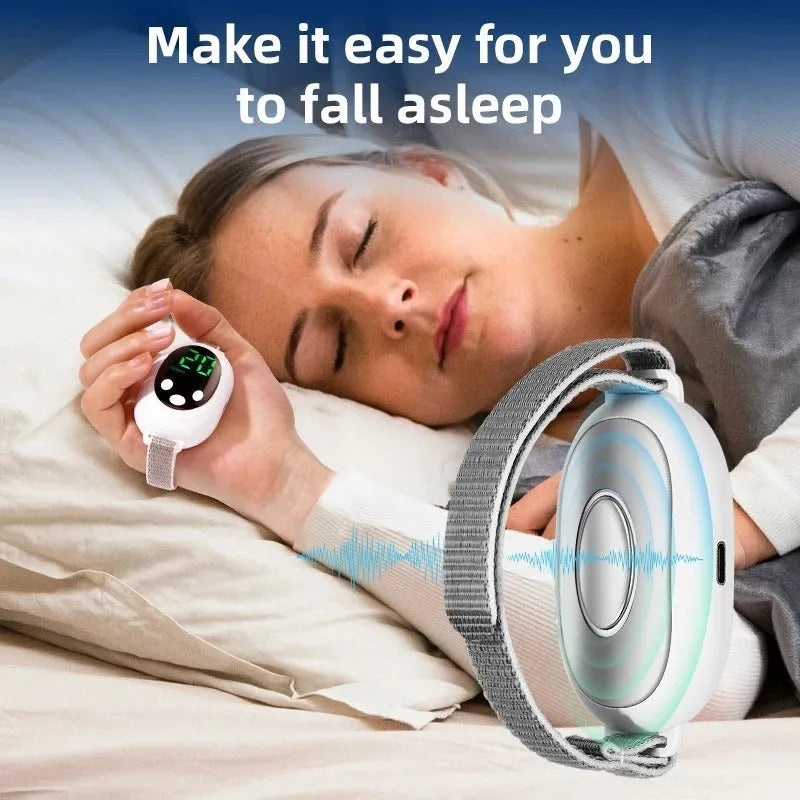 White sleep aid device with handheld remote control showing 20 intensity levels and USB charging port