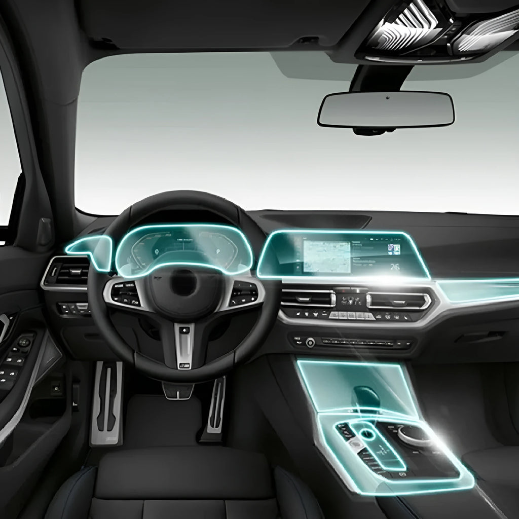 Transparent TPU protective film kit for BMW 3 Series interior dashboard and gear shift.