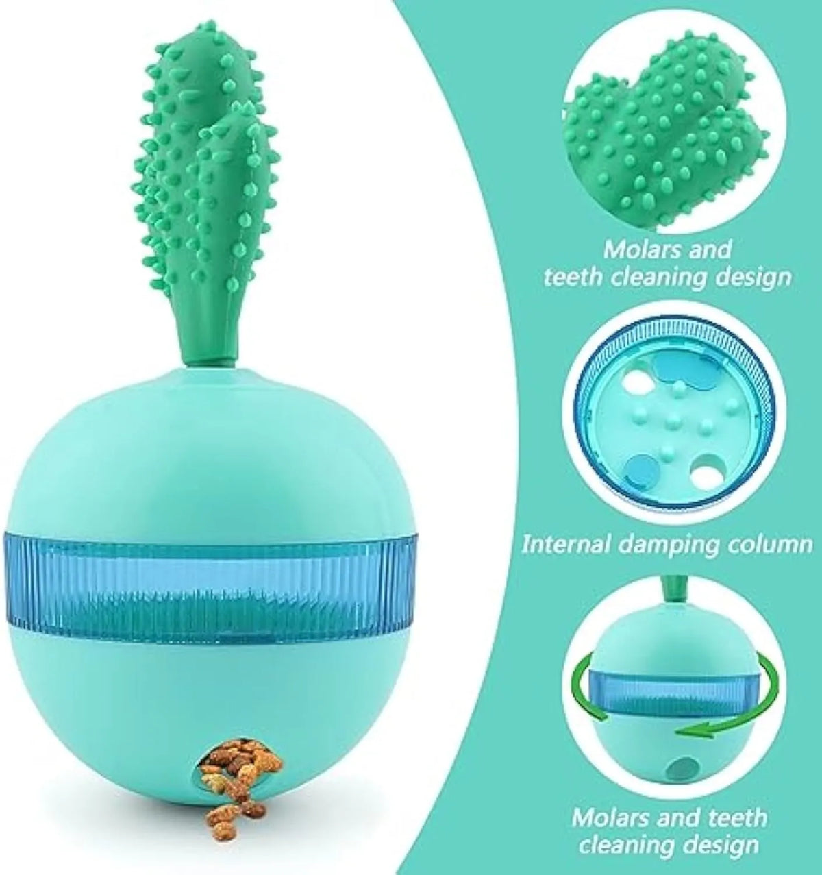 Blue and green durable rubber treat dispensing dog toy with tumbler ball design