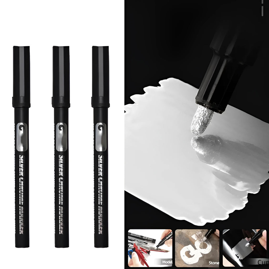 Waterproof mirror marker pen with plastic body, shown with 1mm and 2mm fine tip options.