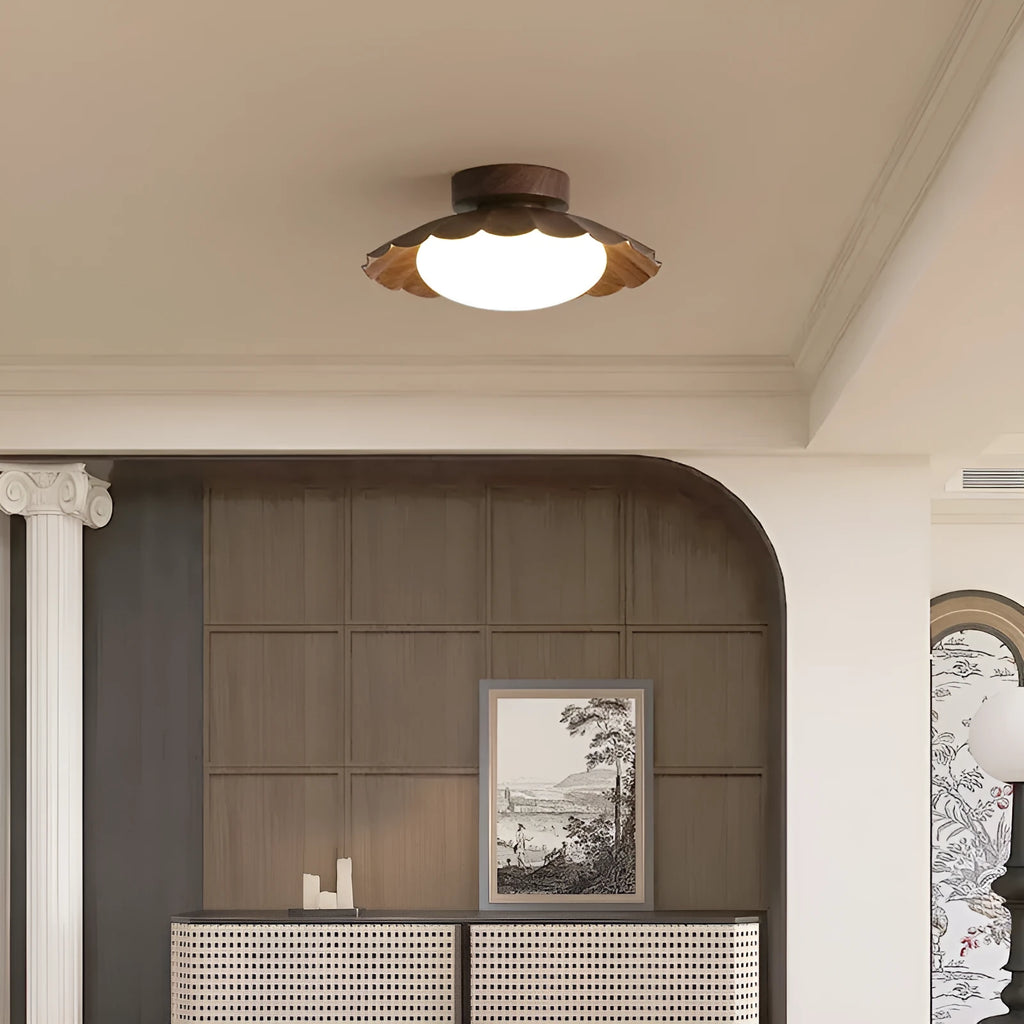Mid-ancient silent balcony LED ceiling light round 25 beige walnut iron acrylic shade three-colour modes