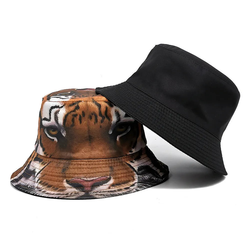 Tiger pattern polyester bucket hat in khaki or black with dome crown measuring 56-58cm