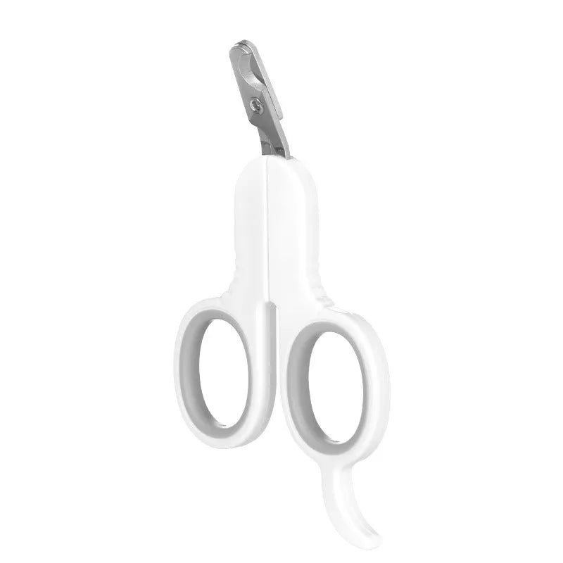 Grey and pink professional pet nail clippers with curved safety tips and rubber-coated handle.