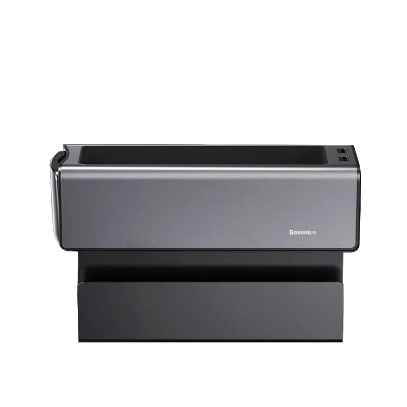 Baseus Zhizhen Metal Armrest Box Storage Box in black on a car seat armrest