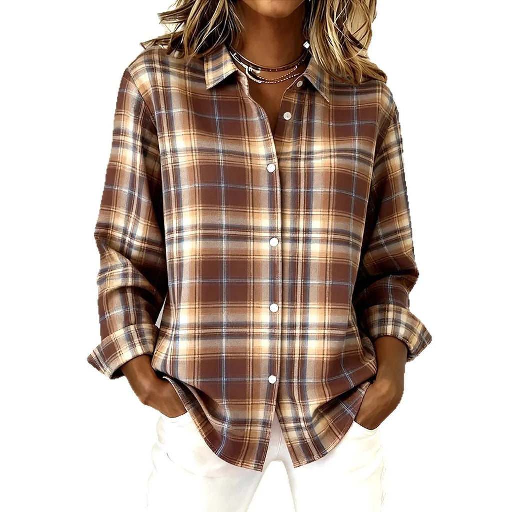 Women's long-sleeved lapel plaid button shirt top in light brown polyester cotton