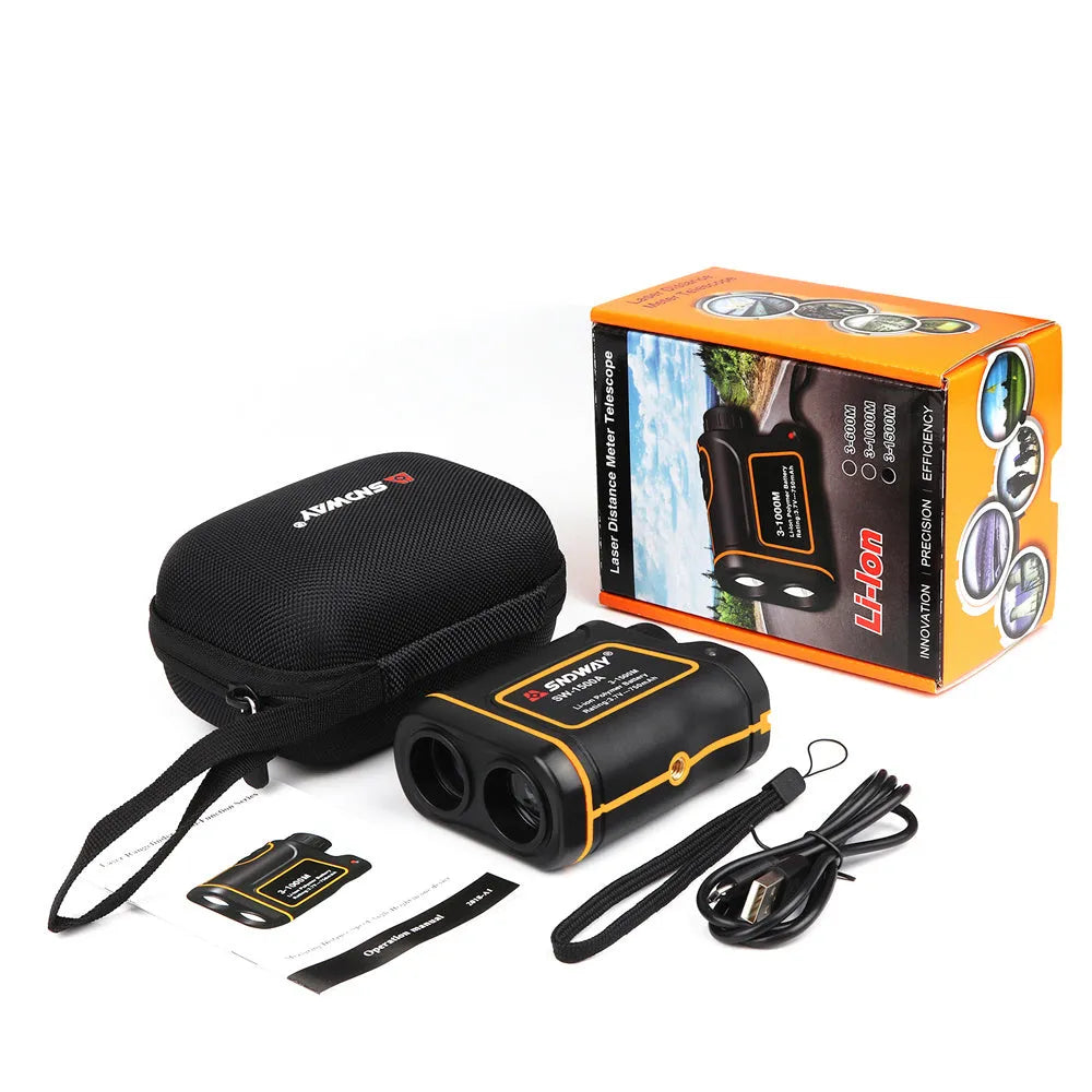 SW series handheld golf laser rangefinder showing compact black design on golf course.