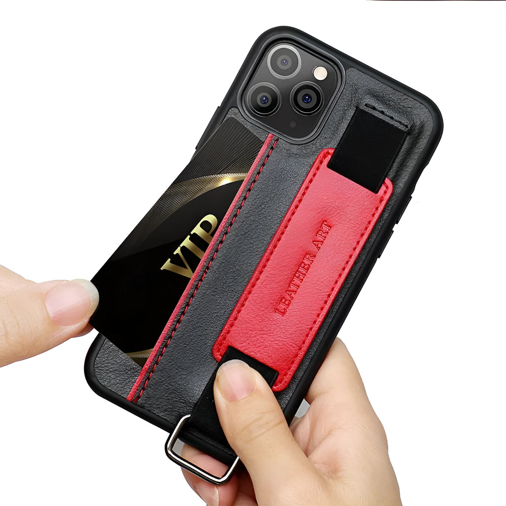 Brown imitation leather iPhone case with a wrist strap and decorative stripes.